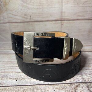 Mens Harley Davidson Black Leather Belt USA Sz 34 Long Silver Hardware VTG